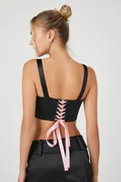 Women's Satin Heart Cutout Cropped Tank Top in Black/Pink Medium