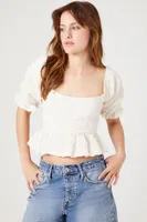 Women's Crinkled Puff-Sleeve Crop Top in Vanilla Medium