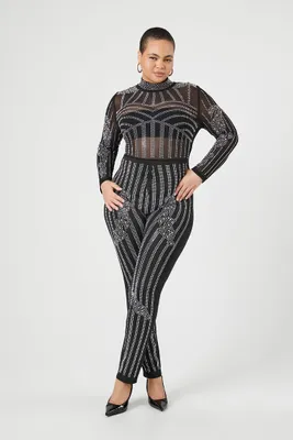 Women's Rhinestone Mesh Jumpsuit in Black/Silver, 3X