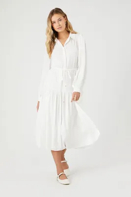 Women's Satin Tie-Front Shirt Midi Dress in White Small