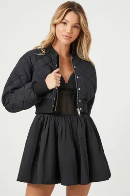 Women's Cropped Quilted Bomber Jacket in Black Medium
