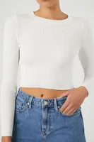 Women's Ribbed Knit Cropped Sweater in White, XL