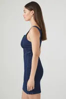 Women's Notched Denim Mini Dress in Dark Denim, XS