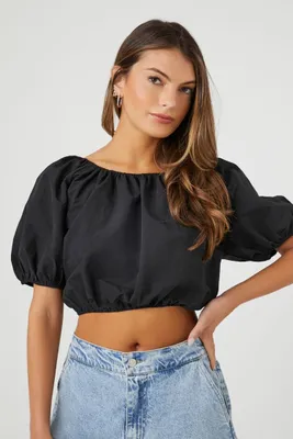 Women's Puff-Sleeve Lace-Back Crop Top in Black Small