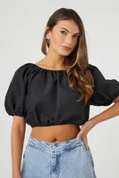 Women's Puff-Sleeve Lace-Back Crop Top in Black Small