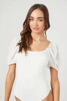 Women's Puff-Sleeve Scoop Bodysuit in White Large