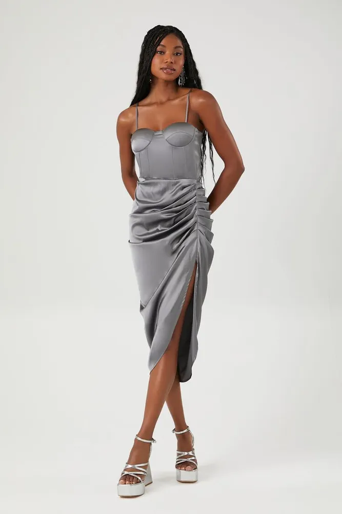 Women's Satin Ruched Bustier Midi Dress Grey