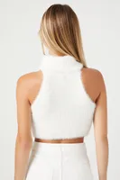 Women's Fuzzy Knit Turtleneck Crop Top in Vanilla, XS