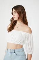 Women's Mesh Off-the-Shoulder Crop Top in White, XL