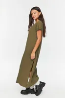 Women's V-Neck Short-Sleeve Maxi Dress in Olive, XS