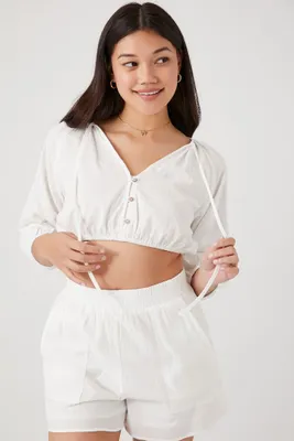 Women's Peasant-Sleeve Crop Top & Shorts Set White