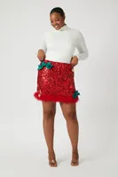 Women's Sequin Ornament Mini Skirt in Red, 4X