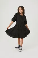 Girls Tiered Puff-Sleeve Dress (Kids) in Black, 9/10