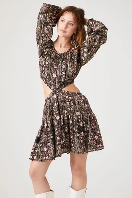 Women's Ornate Print Cutout Mini Dress in Black, XS