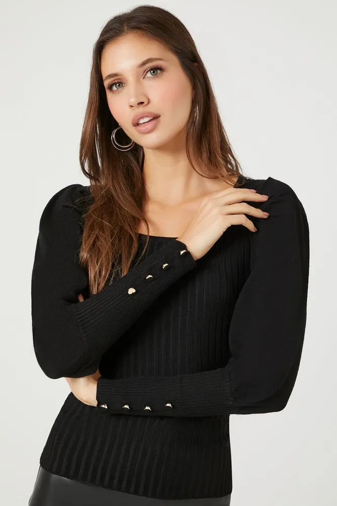 Women's Ribbed Gigot-Sleeve Sweater in Black Large