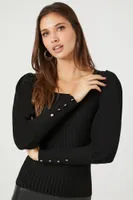 Women's Ribbed Gigot-Sleeve Sweater in Black Large