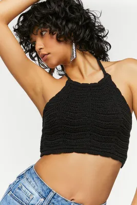 Women's Crochet Halter Crop Top in Black Small