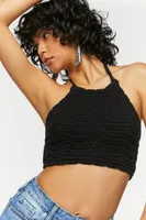 Women's Crochet Halter Crop Top in Black Small