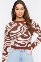 Women's Fuzzy Knit Marble Print Sweater in Brown/Cream Small