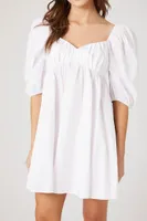 Women's Poplin Puff-Sleeve Babydoll Dress in White, XS