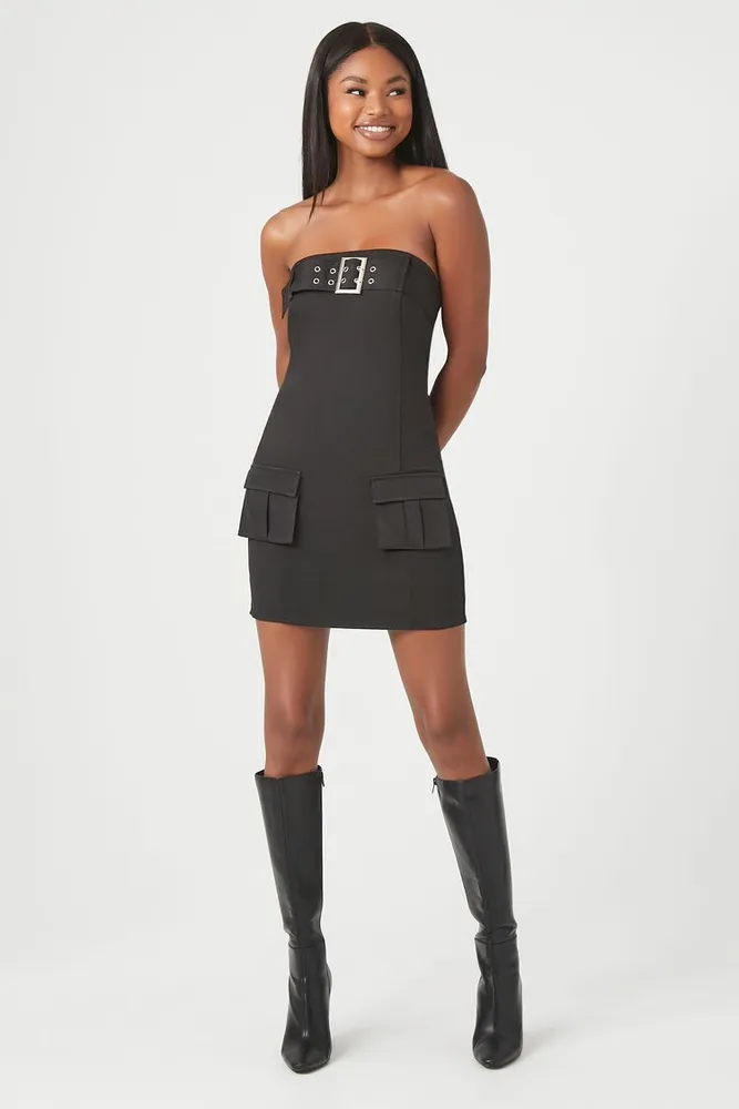 Women's Belted Cargo Mini Tube Dress in Black Medium