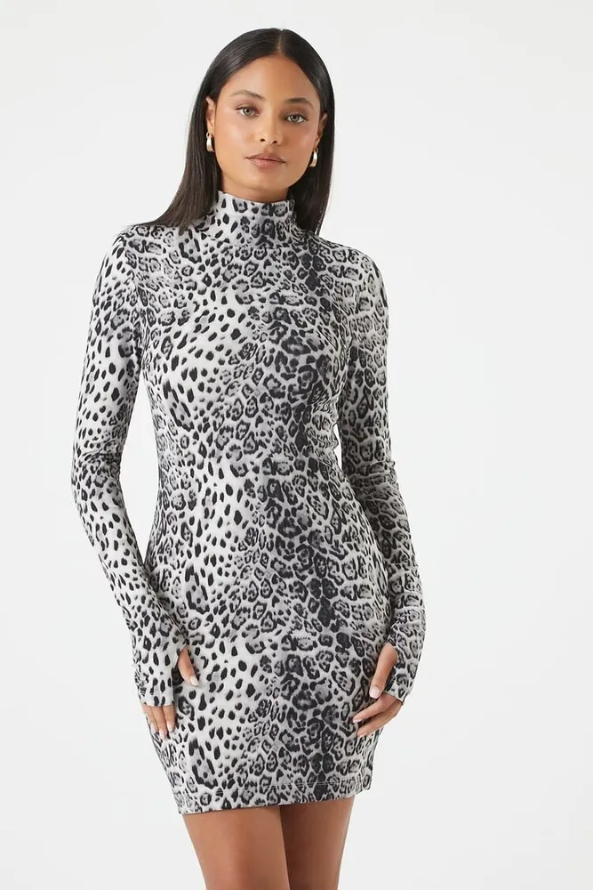 Women's Leopard Print Contour Mini Dress in Grey Small