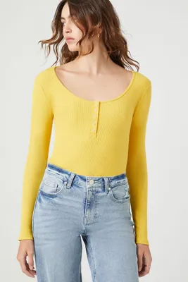 Women's Ribbed Knit Long-Sleeve Bodysuit in Maize Large