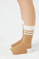 Waffle Knit Varsity-Striped Crew Socks in Tan