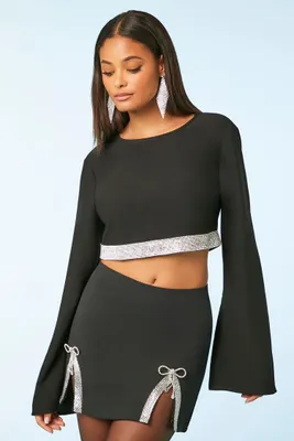 Women's Satin Rhinestone-Trim Crop Top in Black, XS