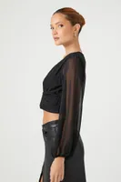 Women's Peasant-Sleeve Crop Top in Black Medium