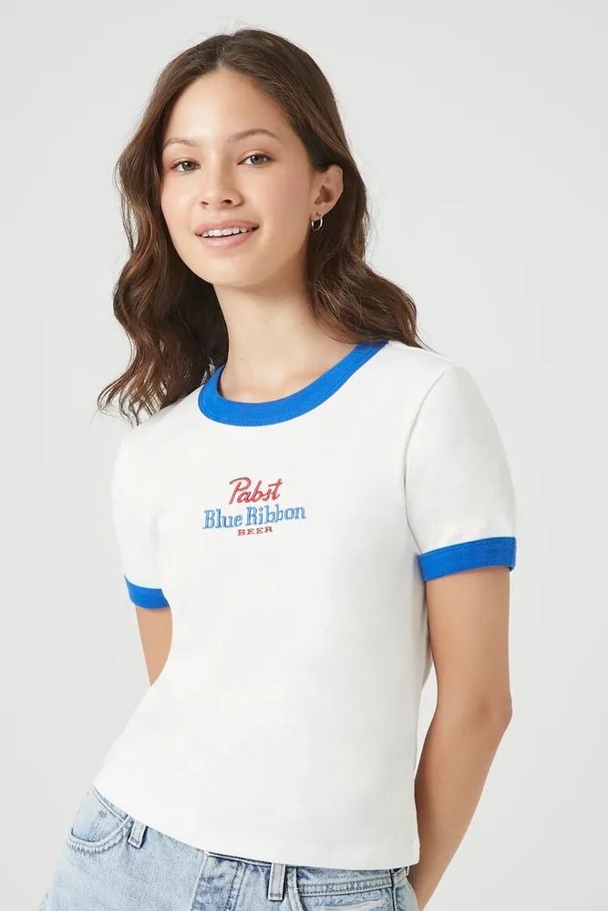 Women's Embroidered Pabst Ringer Cropped T-Shirt in White/Blue Large