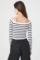 Women's Seamless Striped Crop Top in White/Black, L/XL