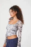 Women's Mesh Floral Print Crop Top in Grey Medium