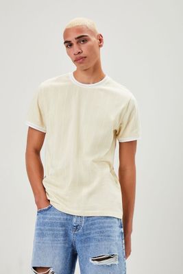 Men Pinstriped Ringer T-Shirt in Khaki/White, XL