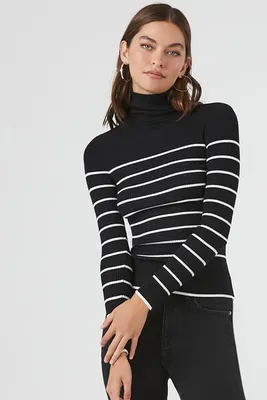 Women's Striped Turtleneck Sweater in Black/White Large