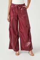 Women's Faux Leather Wide-Leg Cargo Pants in Wine Large