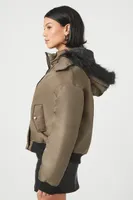 Women's Faux Fur-Trim Bomber Jacket in Olive/Black Large