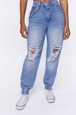 Women's Distressed Denim Wallet Chain Joggers in Light Denim, 25