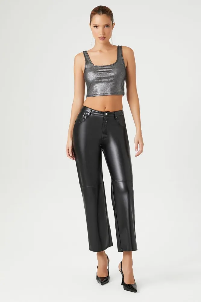 Women's Faux Leather Wide-Leg Pants in Black Large