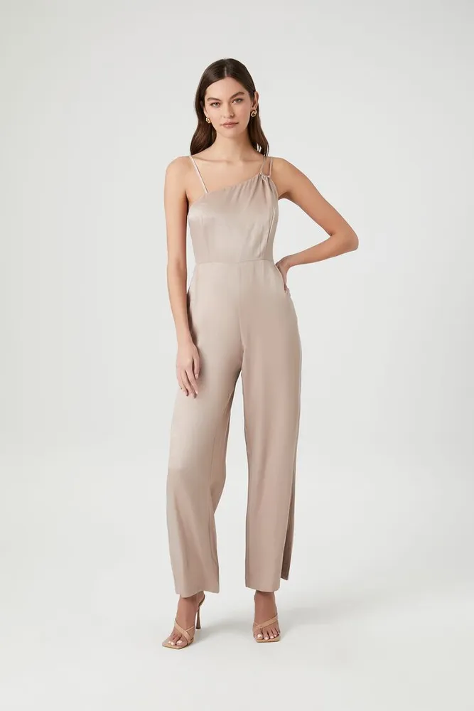 Women's Satin Asymmetrical Jumpsuit in Goat, XS