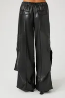 Women's Faux Leather Wide-Leg Cargo Pants in Black Small