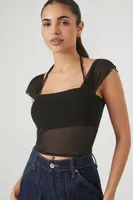 Women's Sheer Mesh Halter Tank Top in Black, XL