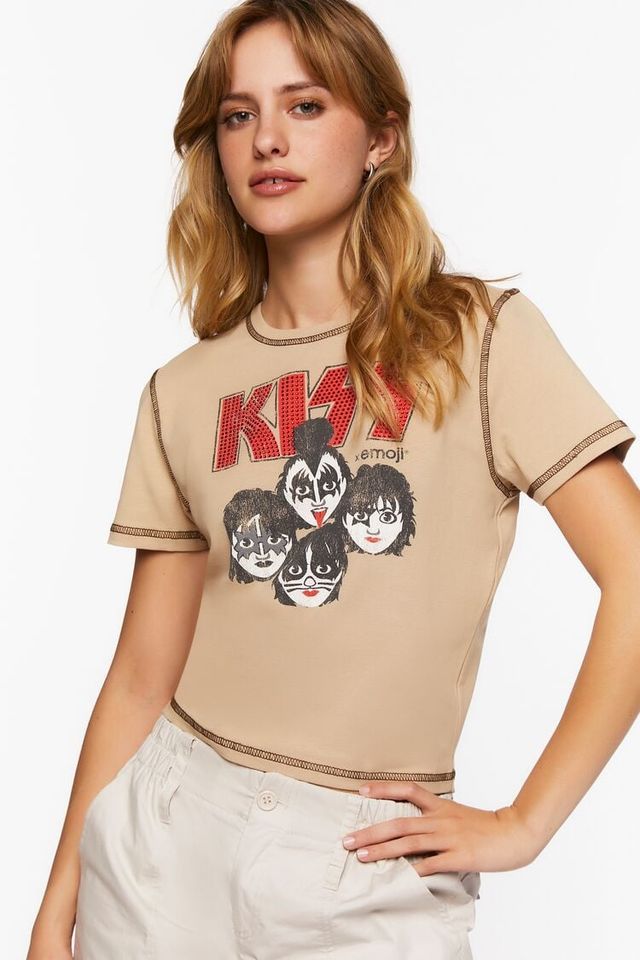 Forever 21 Women's KISS x Emoji Rhinestone Graphic Baby T-Shirt in Taupe  Small