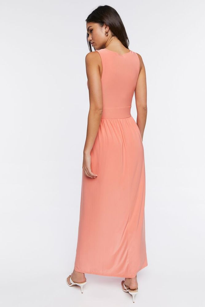 Women's Plunging Slit Maxi Dress in Neon Coral Small