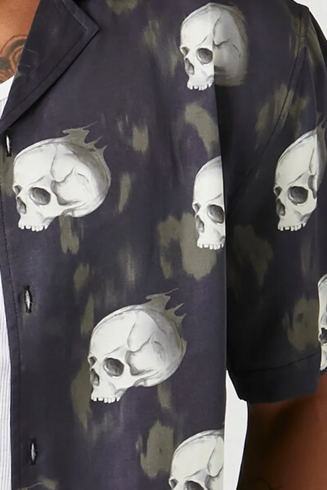 Men Satin Skull Print Shirt in Black/Cream Medium