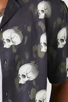 Men Satin Skull Print Shirt in Black/Cream Small