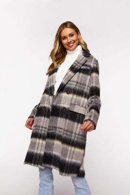Women's Brushed Plaid Duster Coat in Black, XS