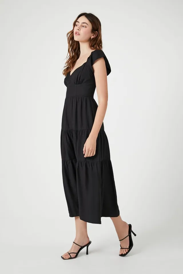 Forever 21 Women's Tiered Short-Sleeve Midi Dress in Black Large