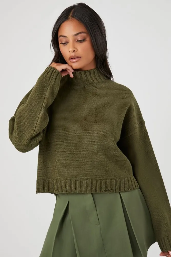 Women's Distressed Mock Neck Sweater in Olive, XS