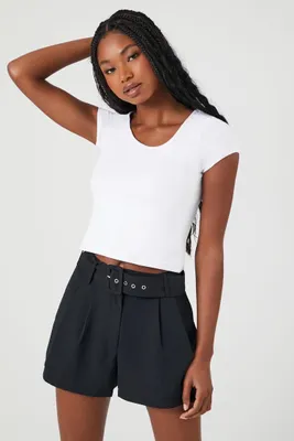 Women's Belted Twill High-Rise Shorts in Black Medium